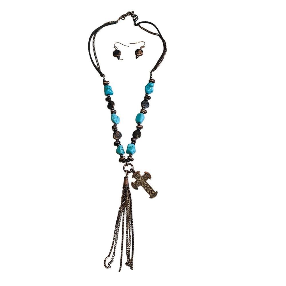 Bronze & Turquoise Fringe Cross Necklace & Earrings Set